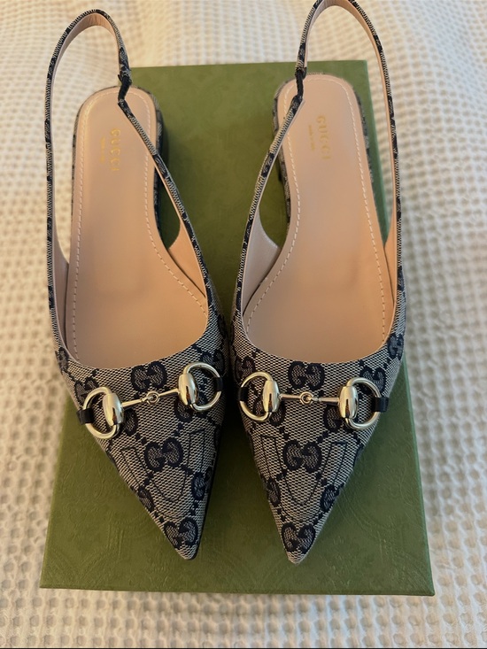Gucci Shoes - Gucci Navy/Beige GG Canvas Horsebit Slingback Flats